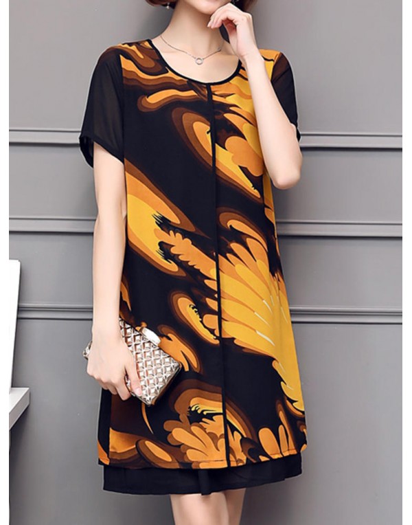 Elegant Women Chiffon Dress Patchwork Flowers Printing Two Layers Dresses