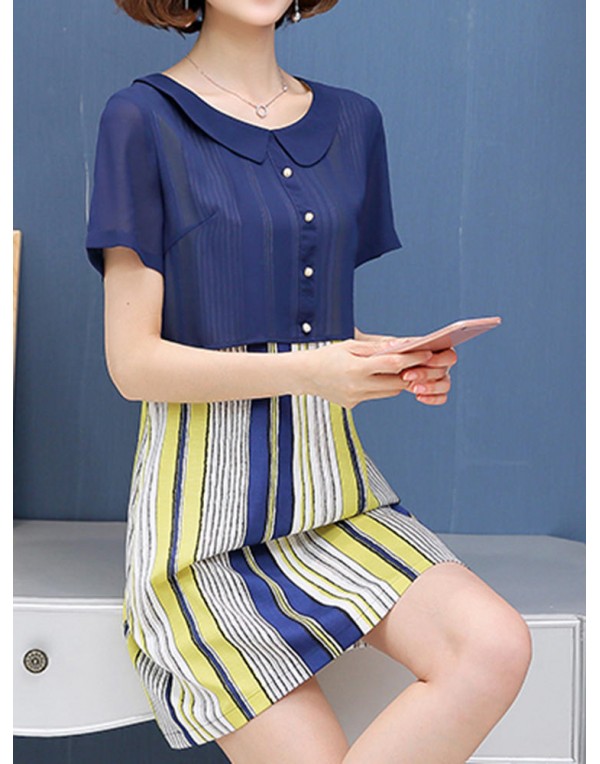 Casual Women False Two Pieces Dress Short Sleeve Vertical Stripe Chiffon Dresses