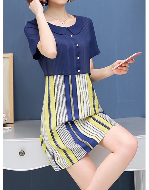 Casual Women False Two Pieces Dress Short Sleeve Vertical Stripe Chiffon Dresses