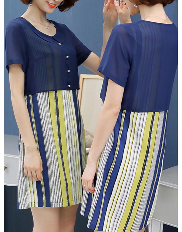 Casual Women False Two Pieces Dress Short Sleeve Vertical Stripe Chiffon Dresses