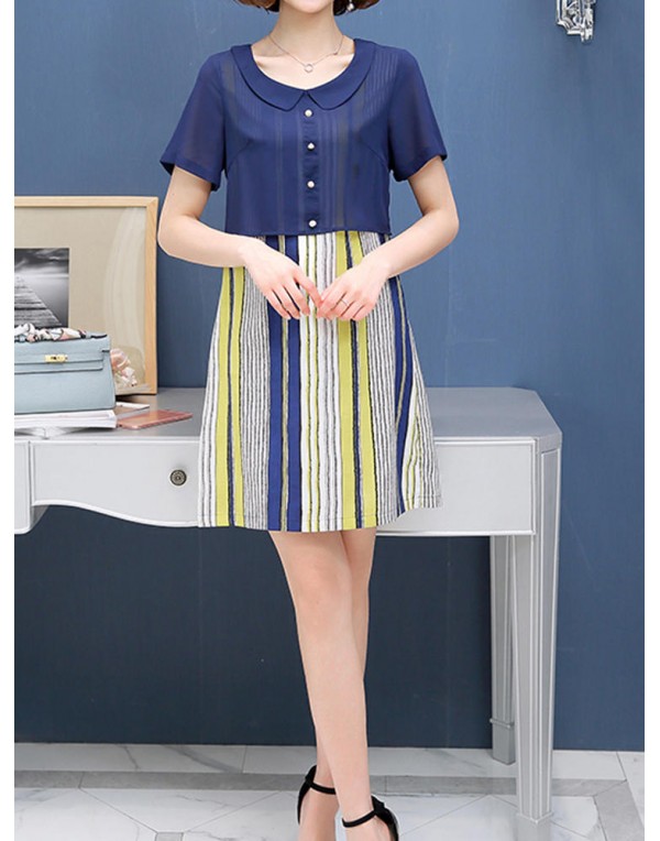 Casual Women False Two Pieces Dress Short Sleeve Vertical Stripe Chiffon Dresses