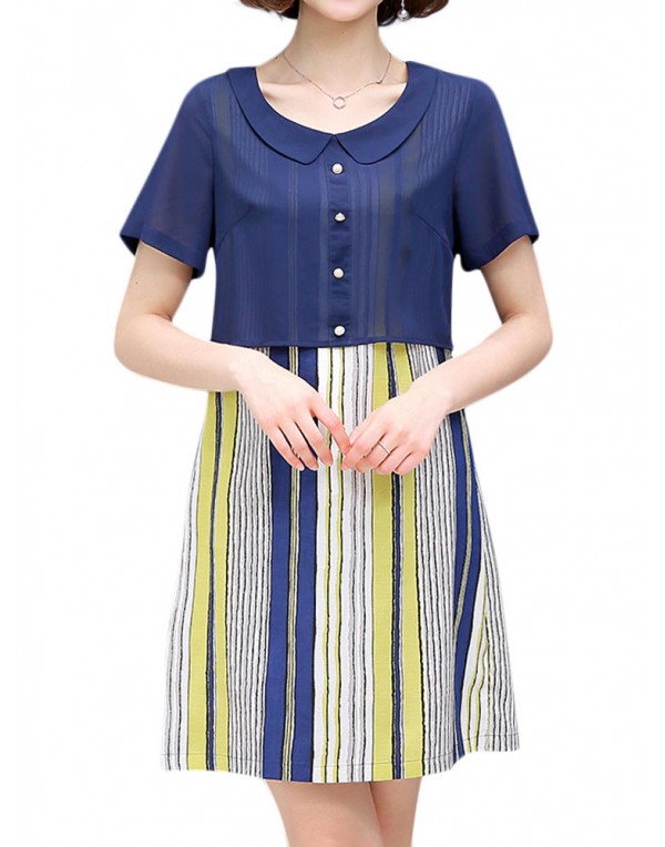 Casual Women False Two Pieces Dress Short Sleeve Vertical Stripe Chiffon Dresses