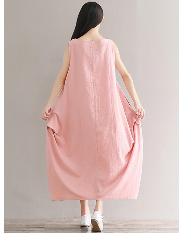 Casual Women Pure Color O-Neck Pocket Maxi Tank Dress