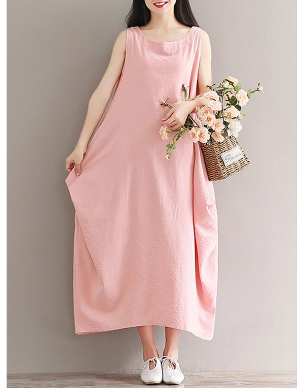 Casual Women Pure Color O-Neck Pocket Maxi Tank Dress