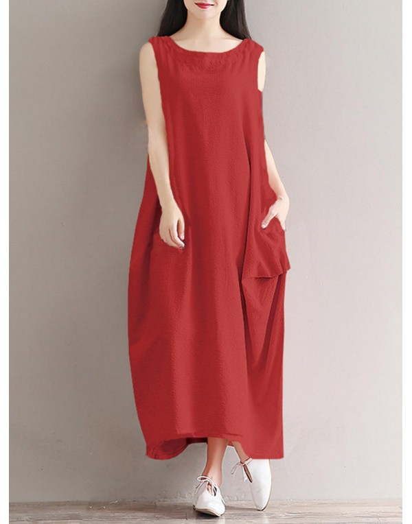 Casual Women Pure Color O-Neck Pocket Maxi Tank Dress