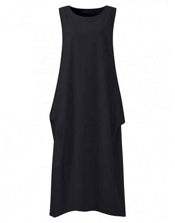 Casual Women Pure Color O-Neck Pocket Maxi Tank Dress