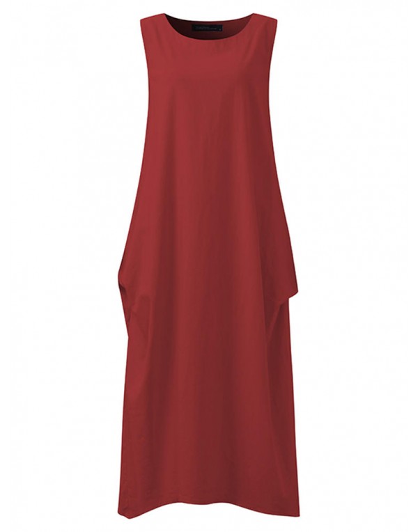 Casual Women Pure Color O-Neck Pocket Maxi Tank Dress