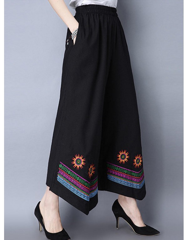 Folk Style Women Loose Embroideried Elastic Waist Wide Leg Pants