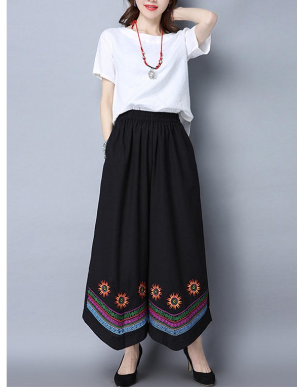 Folk Style Women Loose Embroideried Elastic Waist Wide Leg Pants