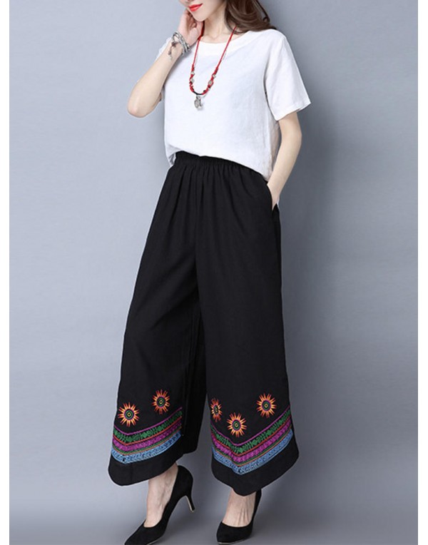 Folk Style Women Loose Embroideried Elastic Waist Wide Leg Pants