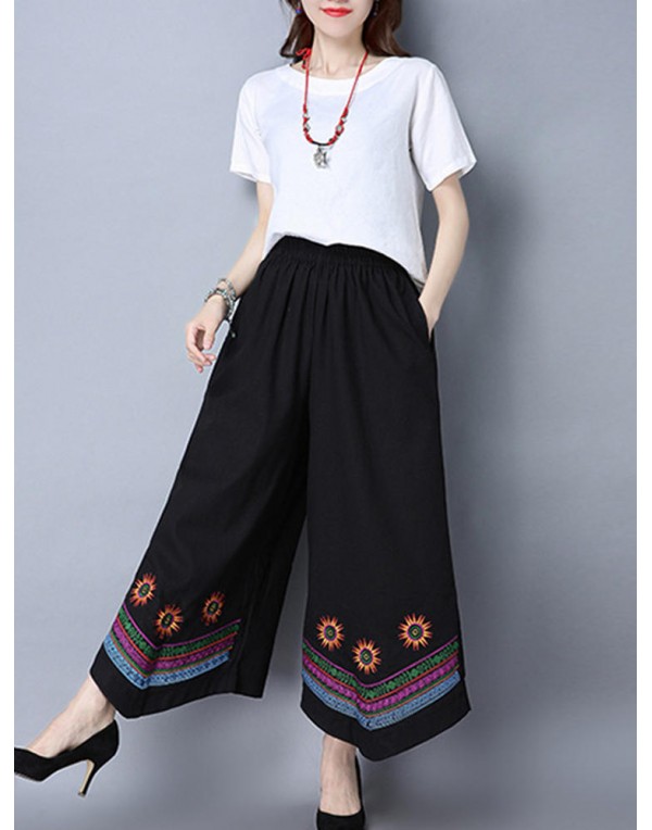 Folk Style Women Loose Embroideried Elastic Waist Wide Leg Pants