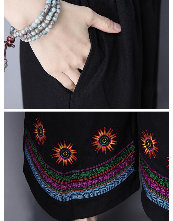 Folk Style Women Loose Embroideried Elastic Waist Wide Leg Pants