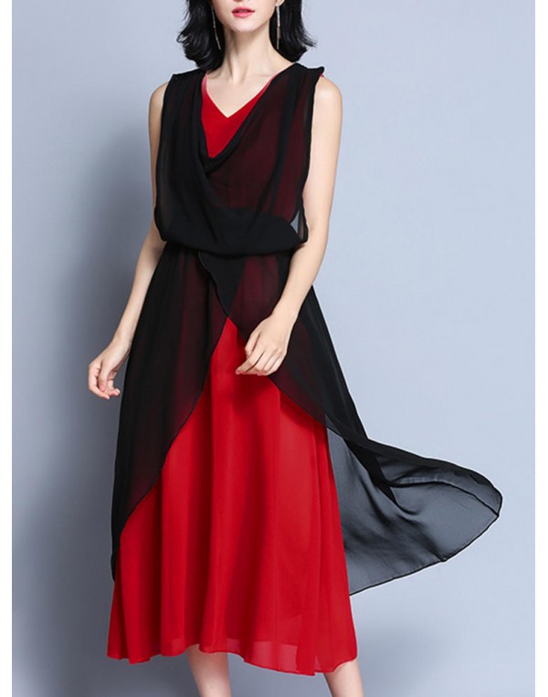 Elegant Women V-Neck Contrast Color Sleeveless Irregular Maxi Dress