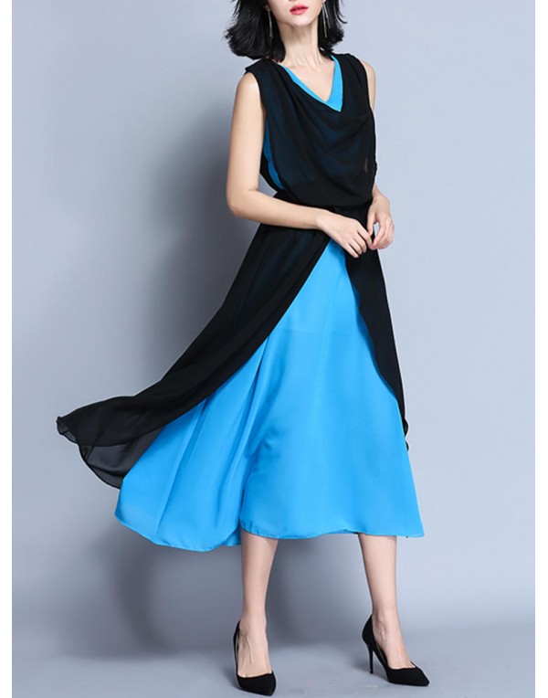 Elegant Women V-Neck Contrast Color Sleeveless Irregular Maxi Dress