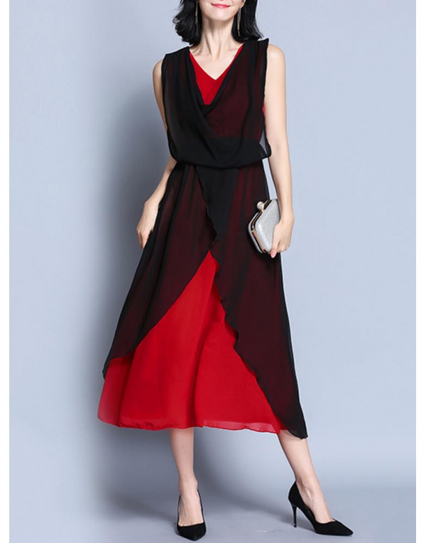 Elegant Women V-Neck Contrast Color Sleeveless Irregular Maxi Dress