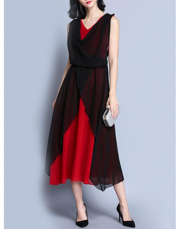 Elegant Women V-Neck Contrast Color Sleeveless Irregular Maxi Dress