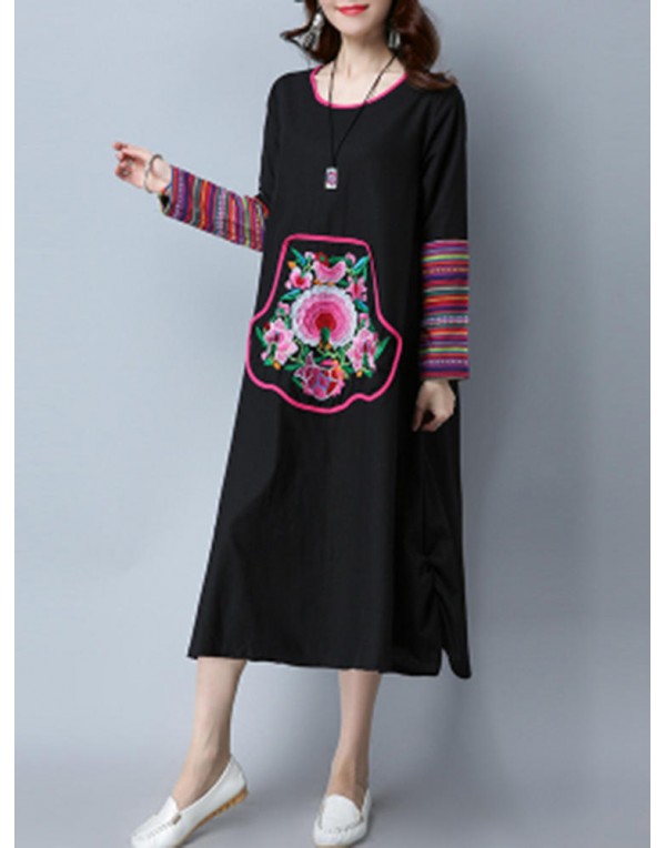 Ethnic Women Floral Embroidered Long Sleeve O-Neck...