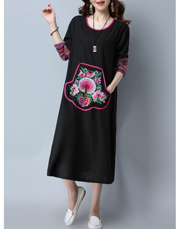 Ethnic Women Floral Embroidered Long Sleeve O-Neck Maxi Dress