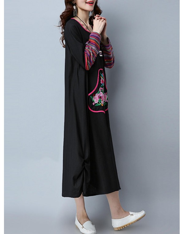 Ethnic Women Floral Embroidered Long Sleeve O-Neck Maxi Dress