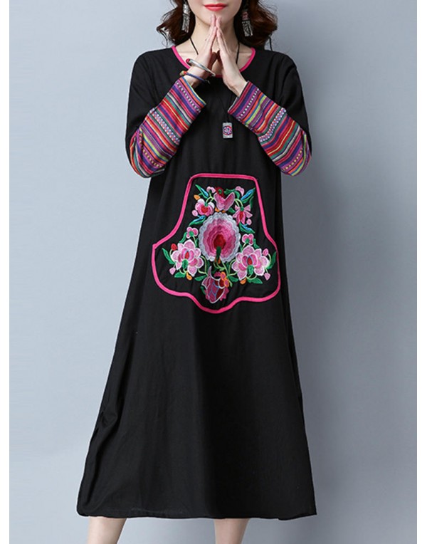 Ethnic Women Floral Embroidered Long Sleeve O-Neck Maxi Dress