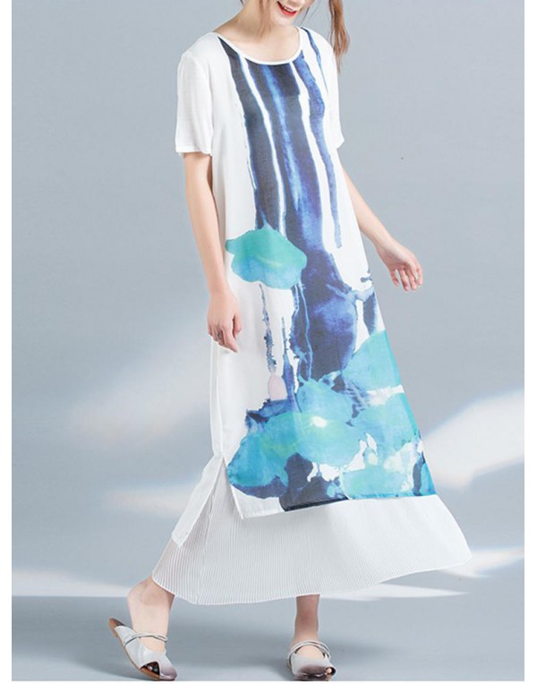 Casual Women Scoop Neck Printed Short Sleeve Layered Maxi Dress