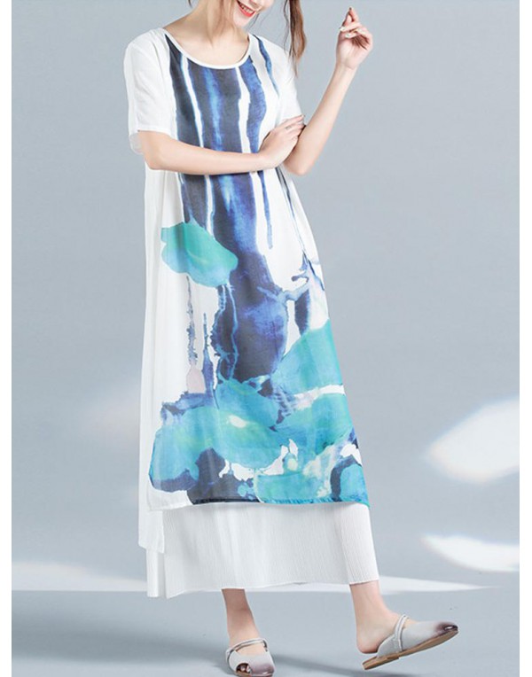 Casual Women Scoop Neck Printed Short Sleeve Layered Maxi Dress