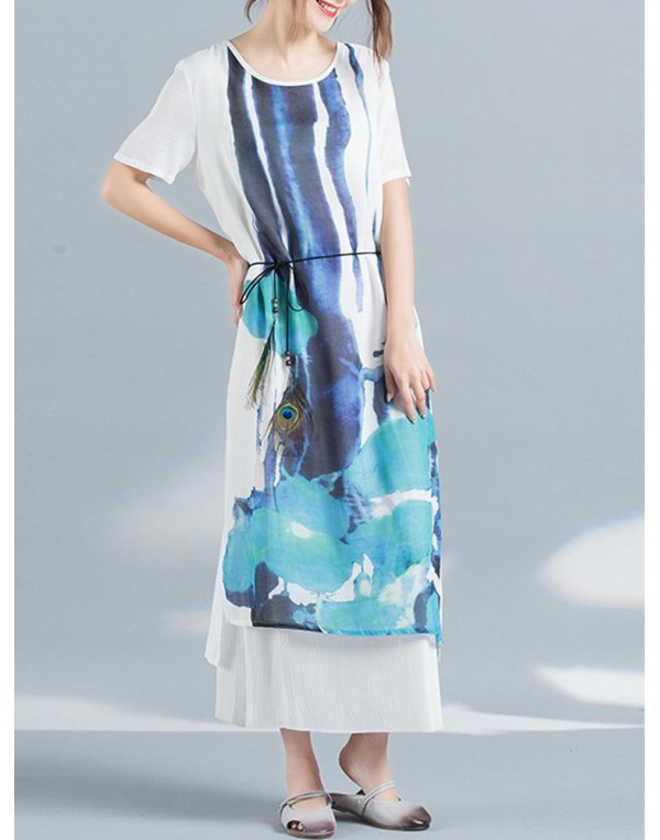 Casual Women Scoop Neck Printed Short Sleeve Layered Maxi Dress