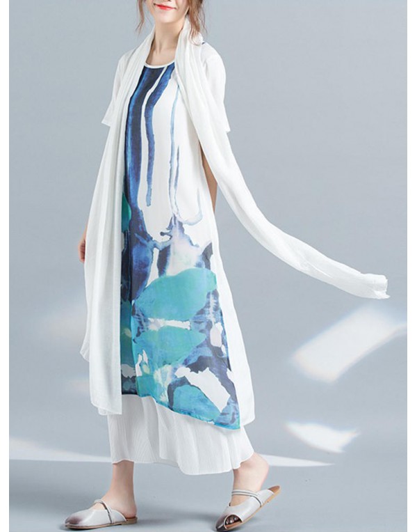 Casual Women Scoop Neck Printed Short Sleeve Layered Maxi Dress