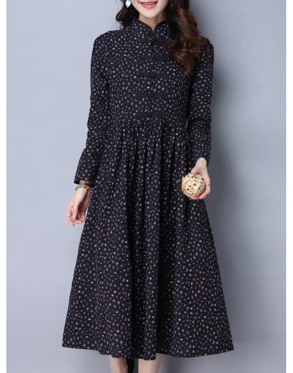 Folk Style Women Long Sleeve Frog Buttons Printed Swing Dress