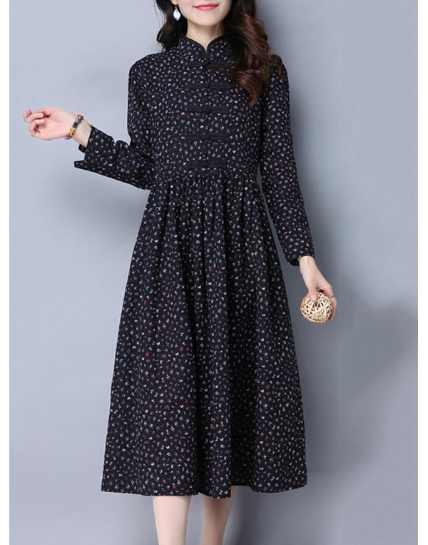 Folk Style Women Long Sleeve Frog Buttons Printed Swing Dress