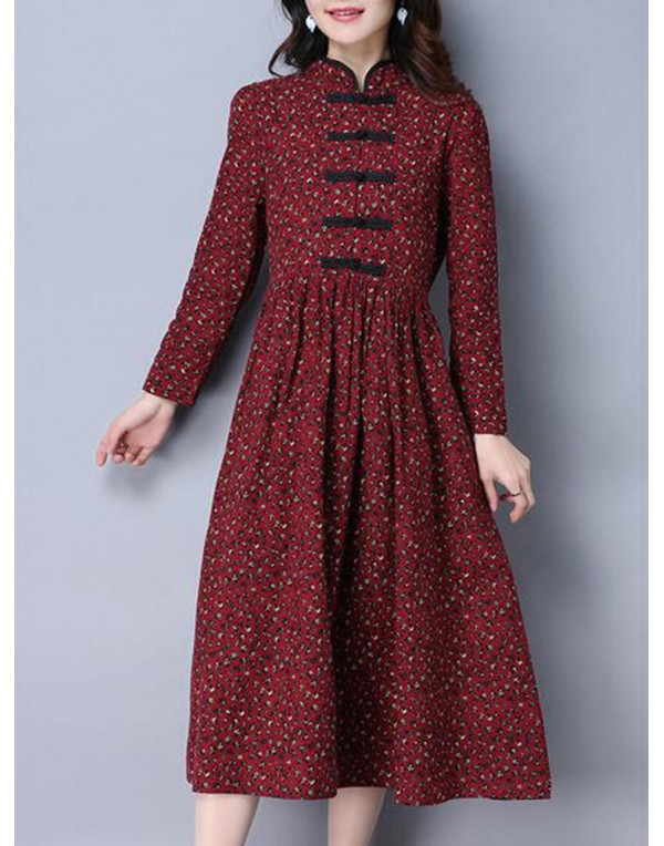 Folk Style Women Long Sleeve Frog Buttons Printed Swing Dress