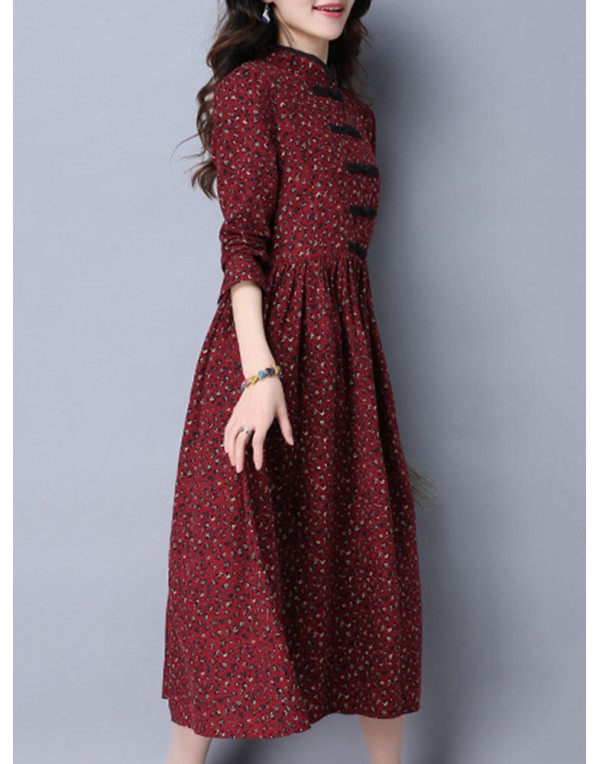 Folk Style Women Long Sleeve Frog Buttons Printed Swing Dress