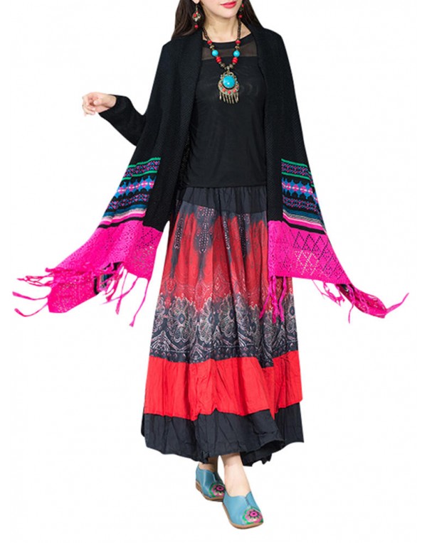 Ethnic Style Women Long Sleeve Tassel Knit Cardigan