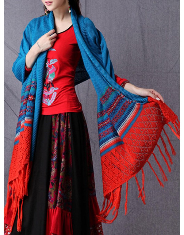 Ethnic Style Women Long Sleeve Tassel Knit Cardigan