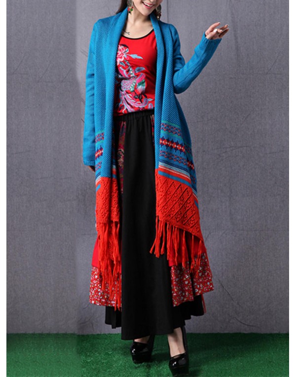 Ethnic Style Women Long Sleeve Tassel Knit Cardigan