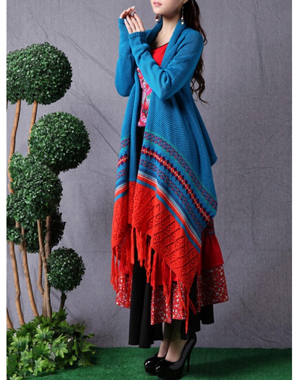 Ethnic Style Women Long Sleeve Tassel Knit Cardigan