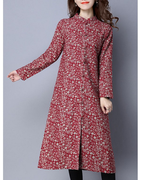 Folk Style Printing Plate Buckle Stand Collar Long Sleeve Coats