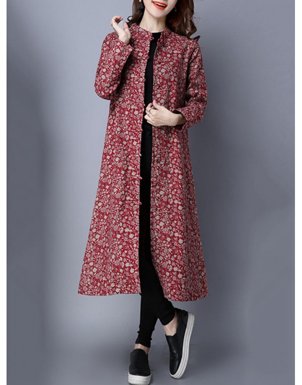 Folk Style Printing Plate Buckle Stand Collar Long Sleeve Coats