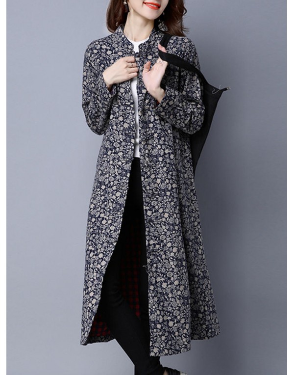 Folk Style Printing Plate Buckle Stand Collar Long Sleeve Coats