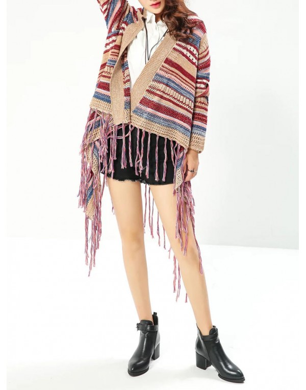 Ethnic Women Colorful Striped Long Sleeve Tassel Sweater Cardigan