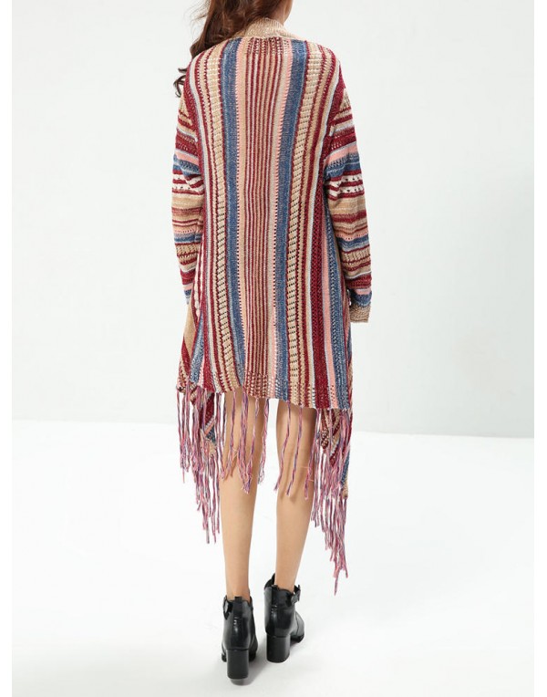 Ethnic Women Colorful Striped Long Sleeve Tassel Sweater Cardigan