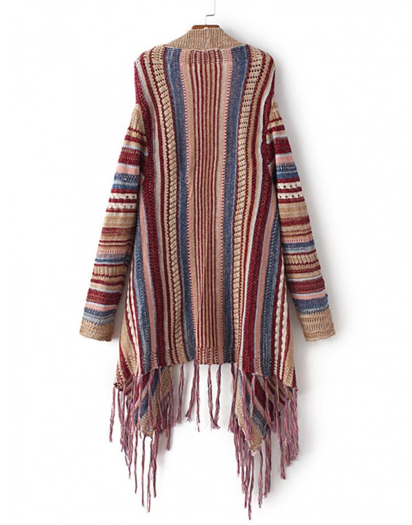 Ethnic Women Colorful Striped Long Sleeve Tassel Sweater Cardigan