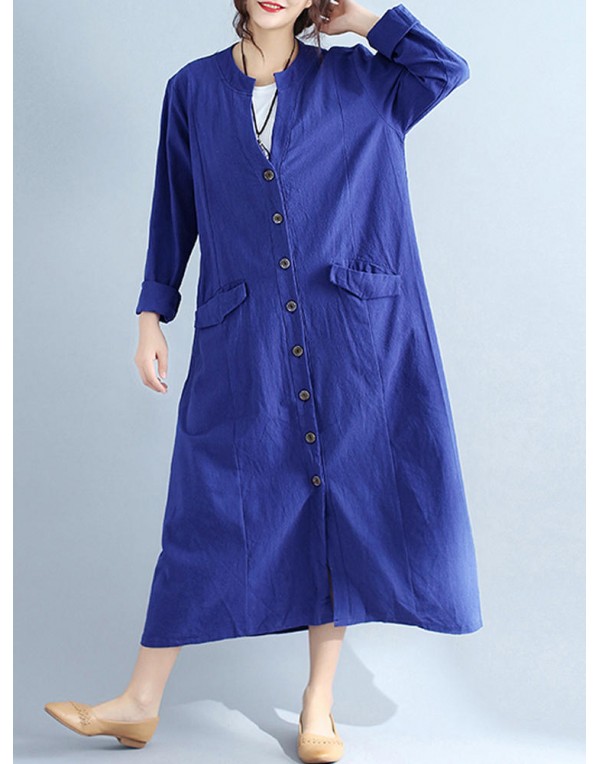 Women V Neck Buttons Open Cardigan Long Sleeve Maxi Dress