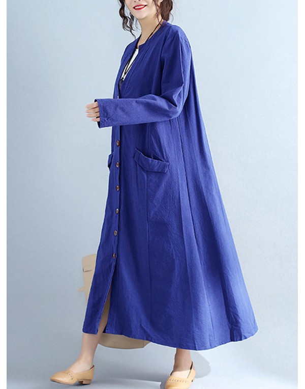 Women V Neck Buttons Open Cardigan Long Sleeve Maxi Dress