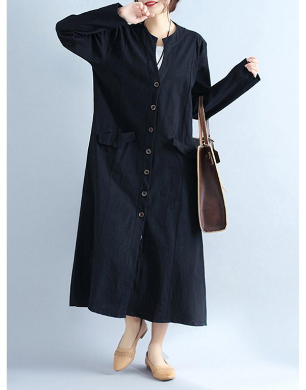 Women V Neck Buttons Open Cardigan Long Sleeve Maxi Dress