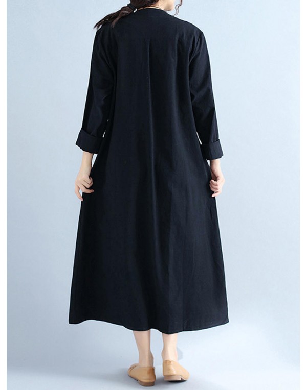 Women V Neck Buttons Open Cardigan Long Sleeve Maxi Dress