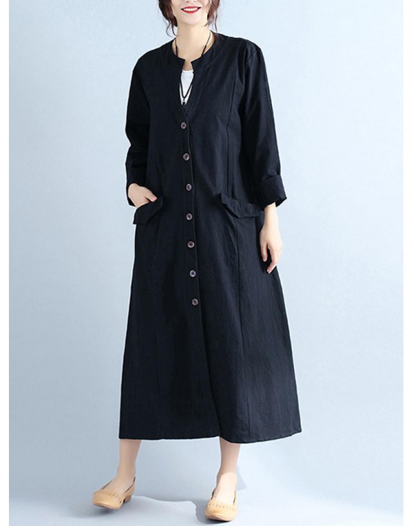 Women V Neck Buttons Open Cardigan Long Sleeve Maxi Dress