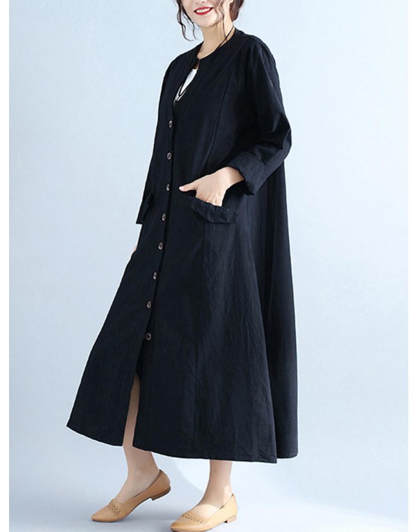 Women V Neck Buttons Open Cardigan Long Sleeve Maxi Dress