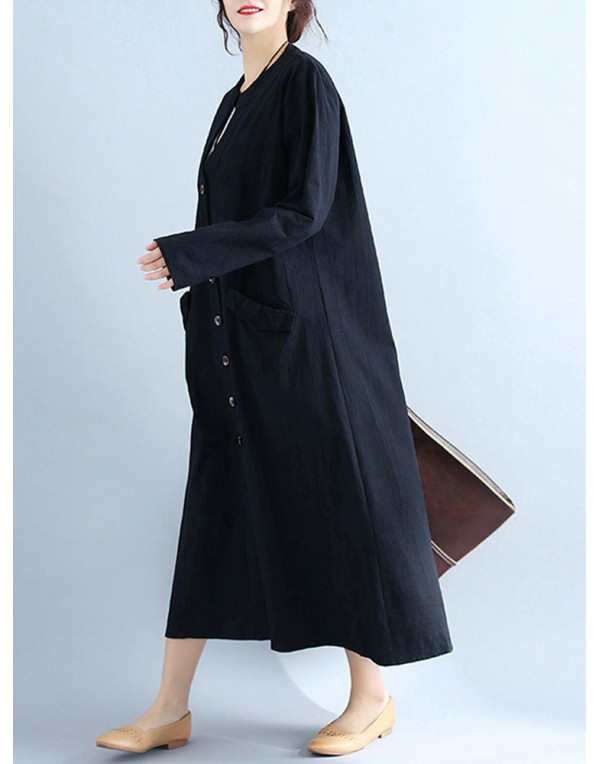 Women V Neck Buttons Open Cardigan Long Sleeve Maxi Dress