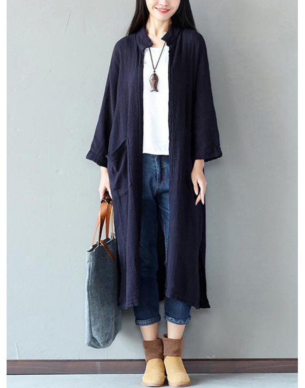 M-5XL Casual Women Solid Color Split Open Front Long Cardigan with Pocket